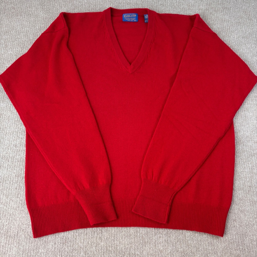 Pendleton Solid Red Virgin Lambswool V-Neck Knit Sweater Men's Size XXL